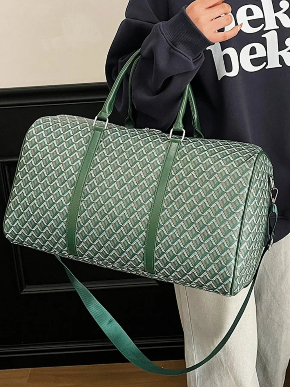 Geometric Jacquard Cylindrical Travel Bag
