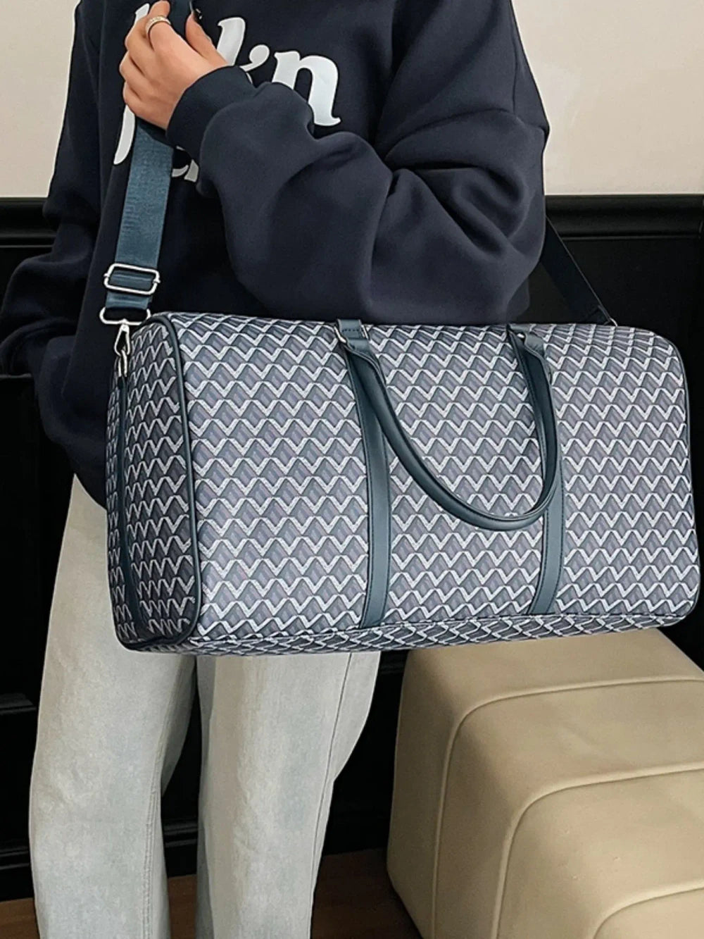 Geometric Jacquard Cylindrical Travel Bag