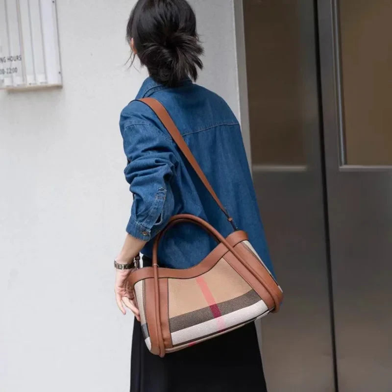 Striped Canvas Leather Shoulder Bag