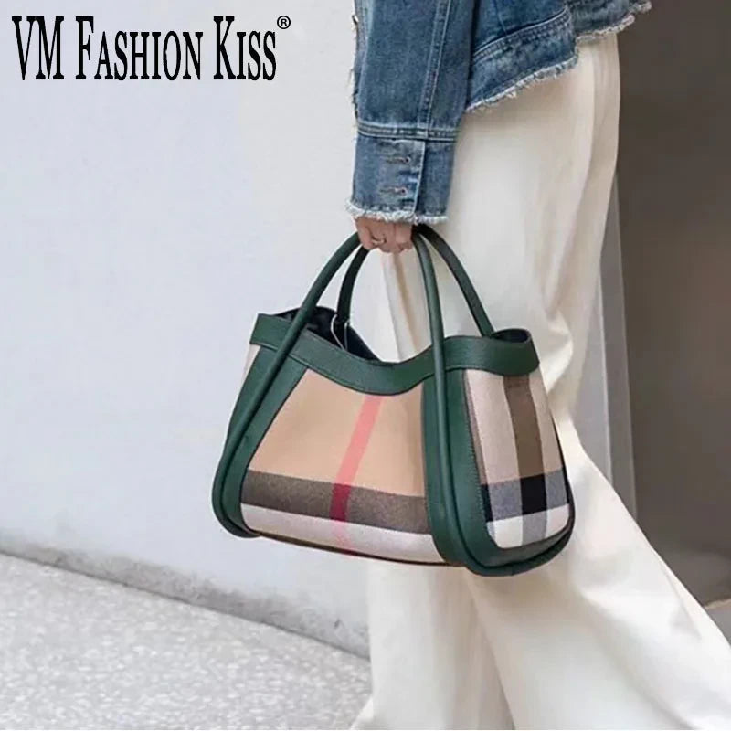 Striped Canvas Leather Shoulder Bag