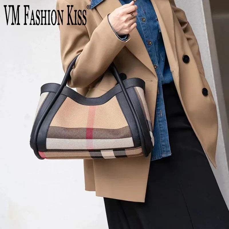 Striped Canvas Leather Shoulder Bag