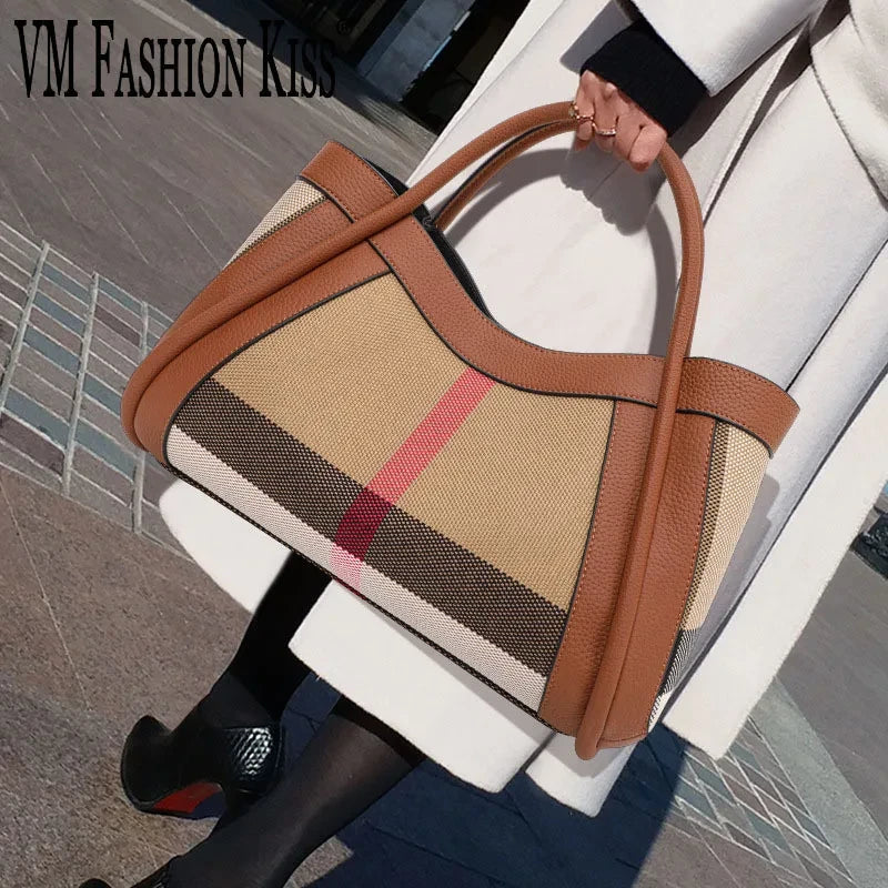 Striped Canvas Leather Shoulder Bag