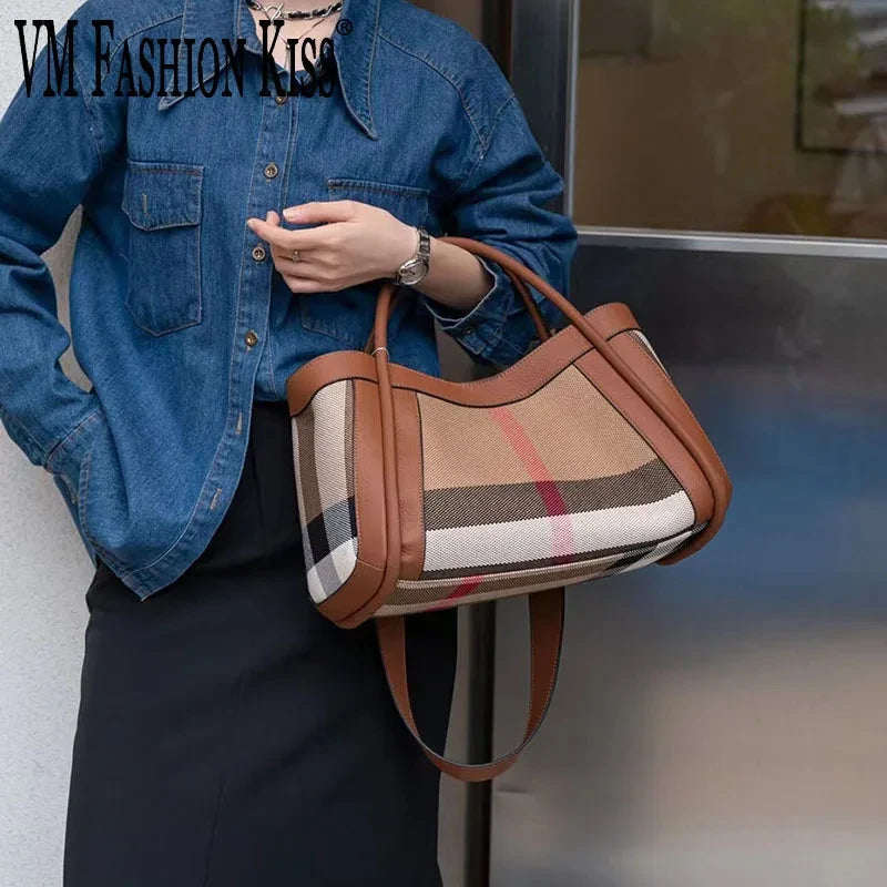 Striped Canvas Leather Shoulder Bag