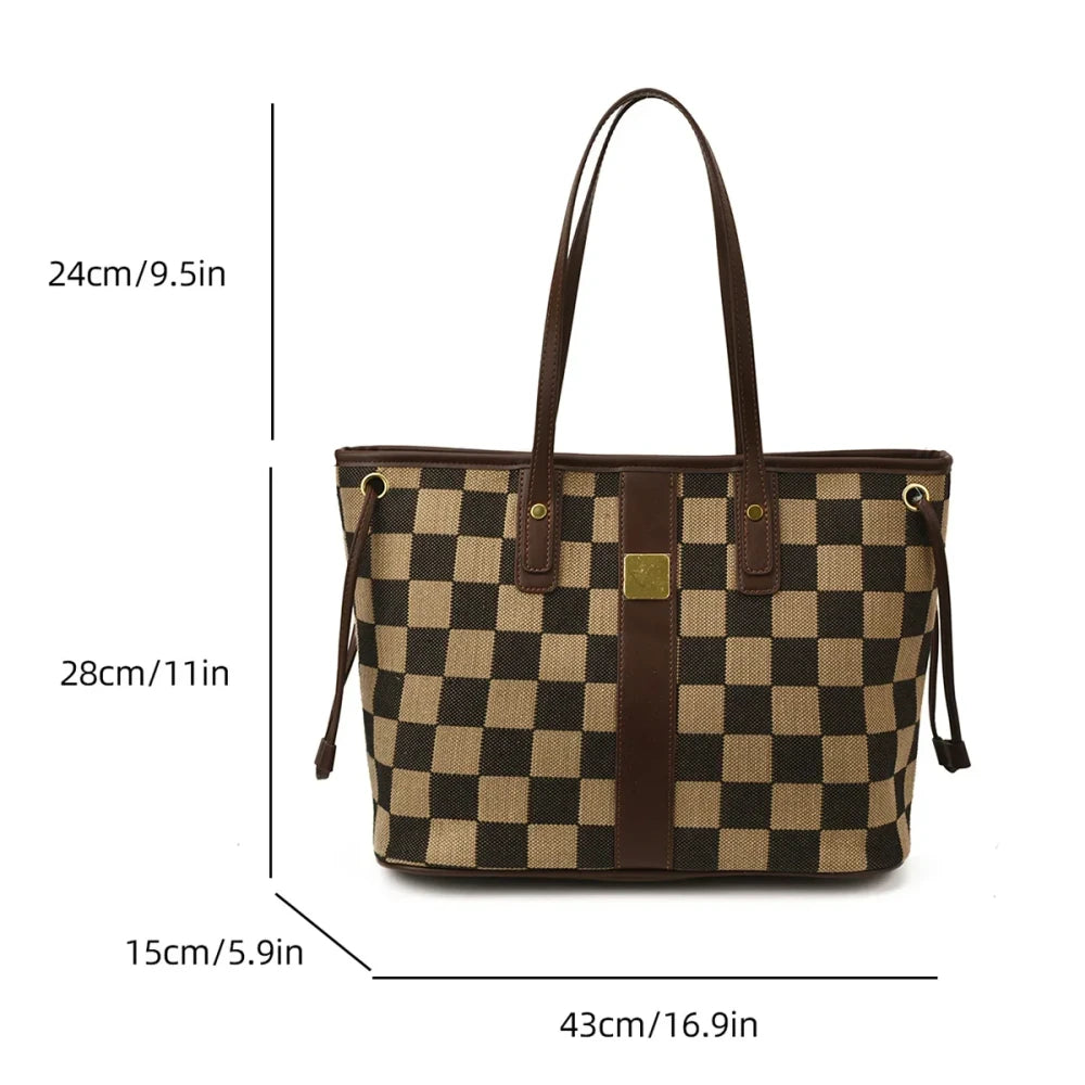 Checkerboard Leather Accent Tote Bag