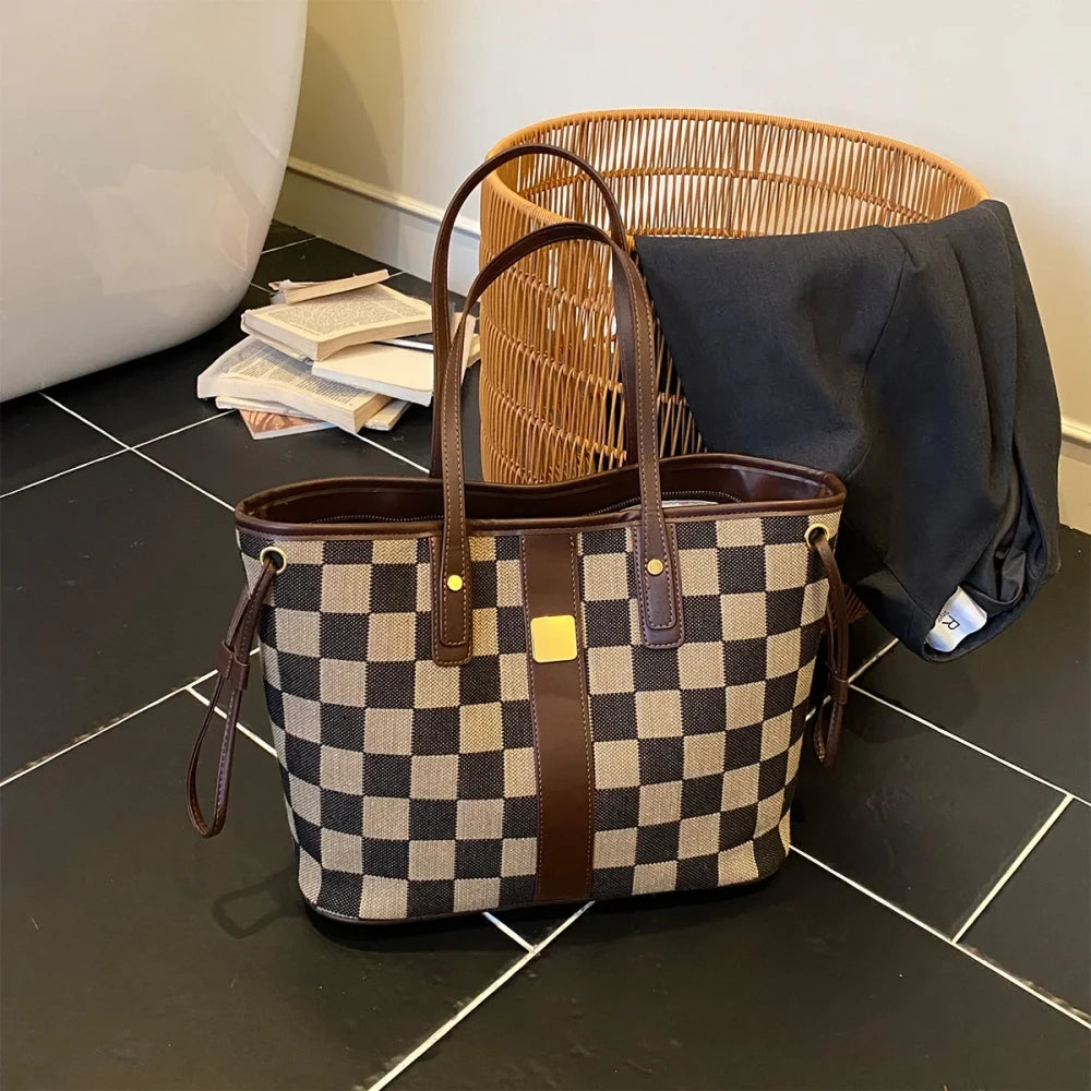 Checkerboard Leather Accent Tote Bag