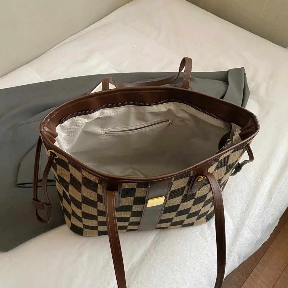 Checkerboard Leather Accent Tote Bag