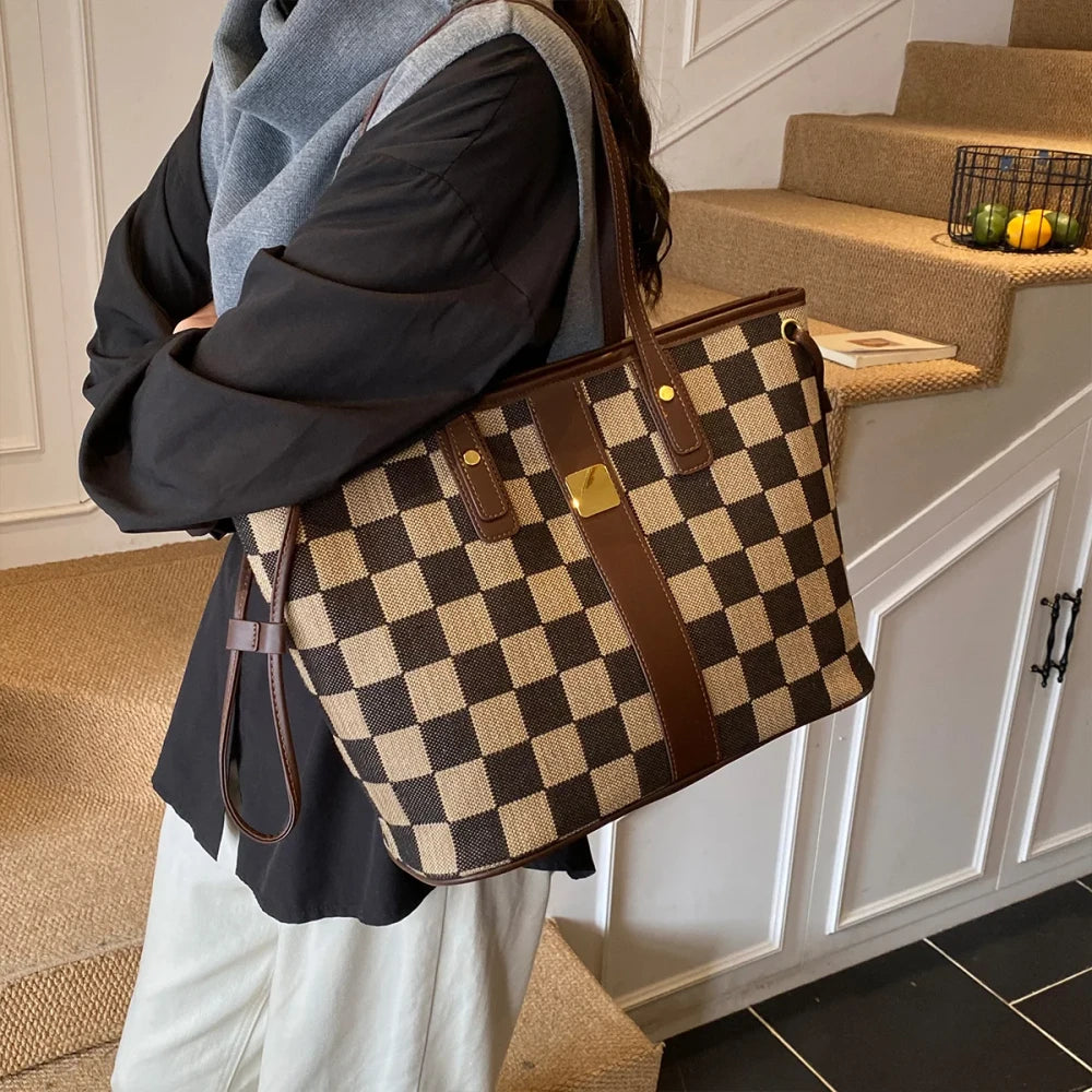 Checkerboard Leather Accent Tote Bag