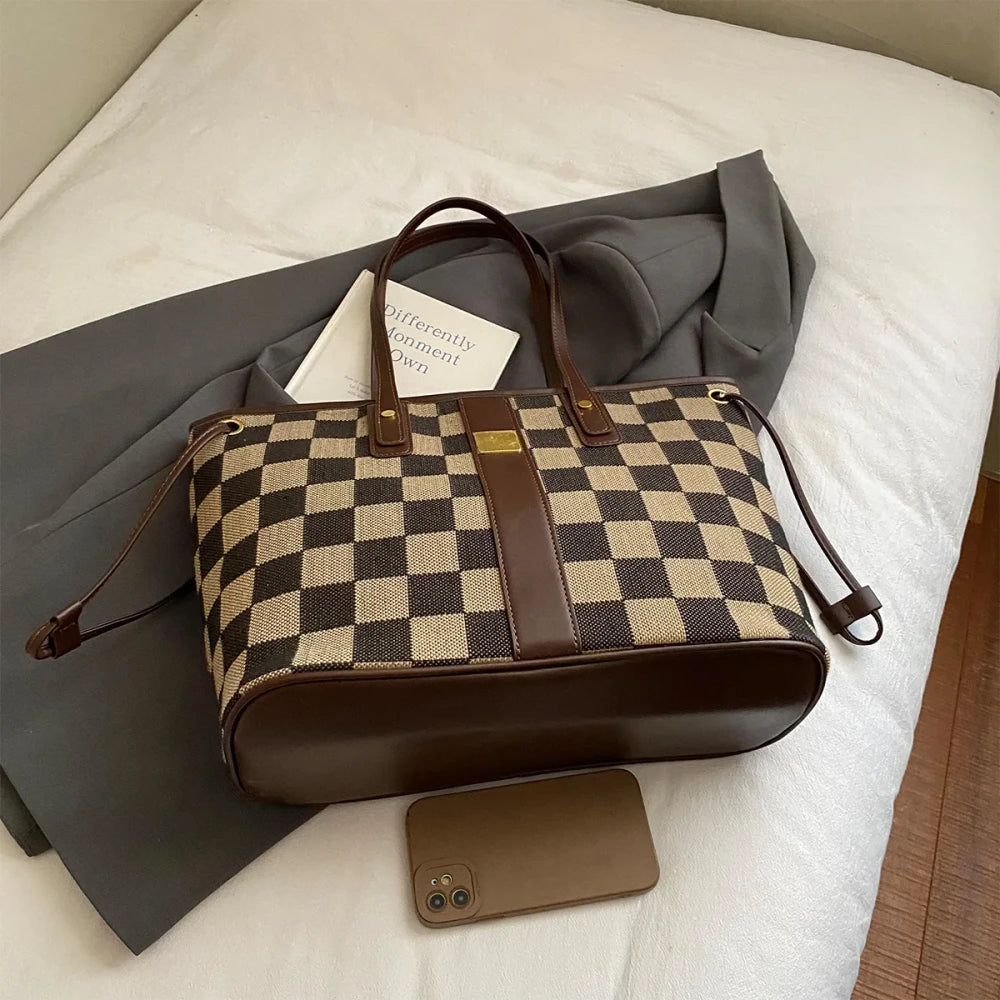 Checkerboard Leather Accent Tote Bag