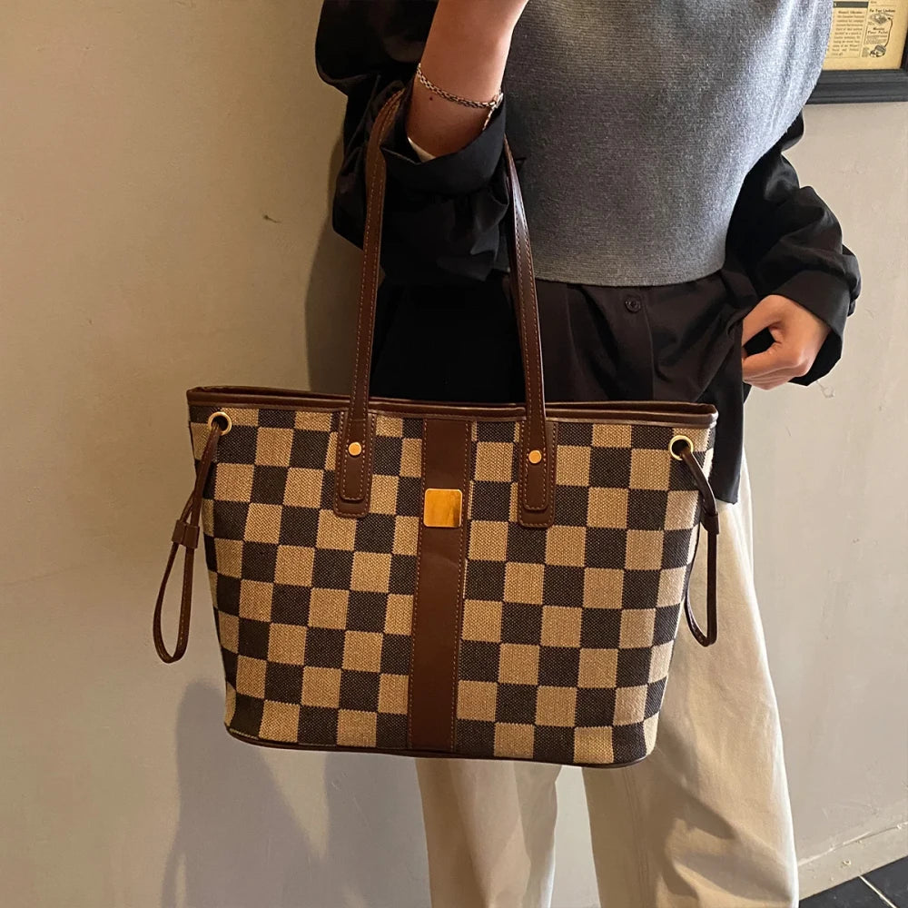 Checkerboard Leather Accent Tote Bag