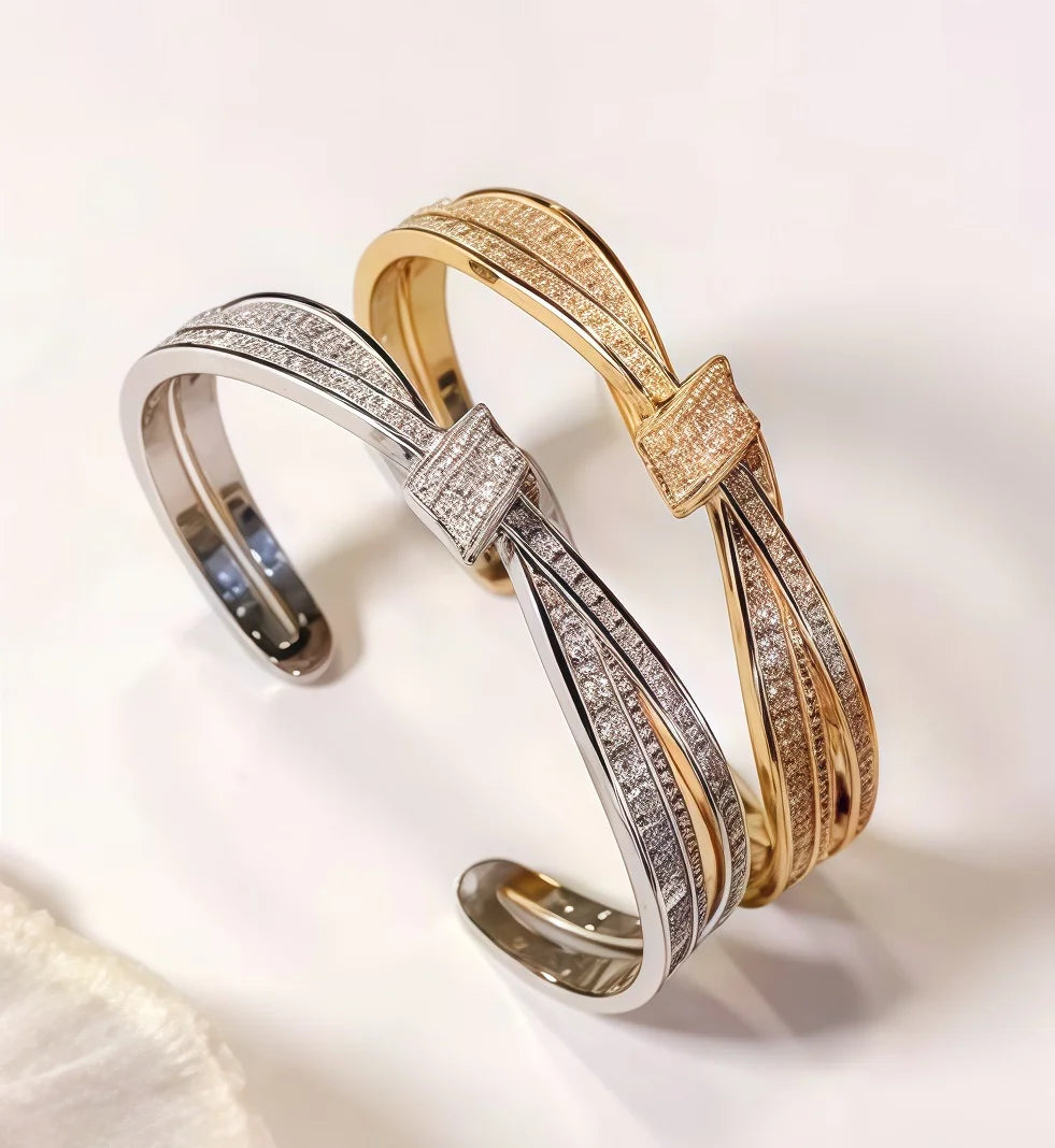 Gorgeous Twisted Knot Open Cuff Bangle Bracelet Sparkling Zircon Inlaid Bangle Party Gift Jewelry for Women
