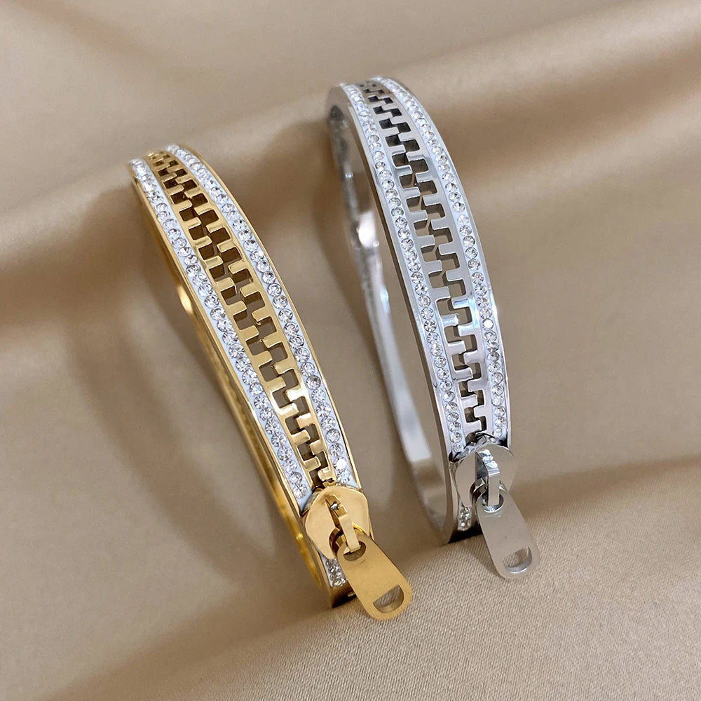 Rhinestone Zipper Bangle Bracelet – Gold-Plated Stainless Steel Cuff for Women