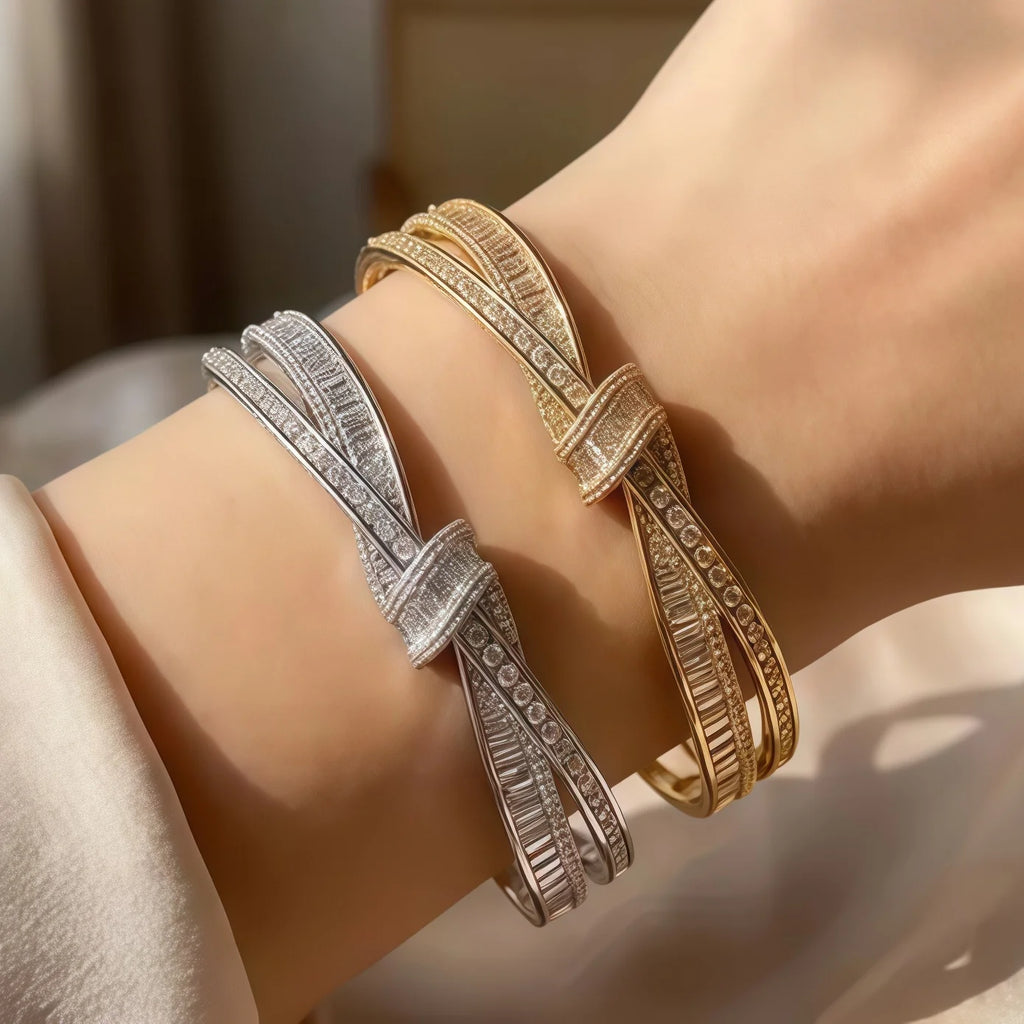 Gorgeous Twisted Knot Open Cuff Bangle Bracelet Sparkling Zircon Inlaid Bangle Party Gift Jewelry for Women