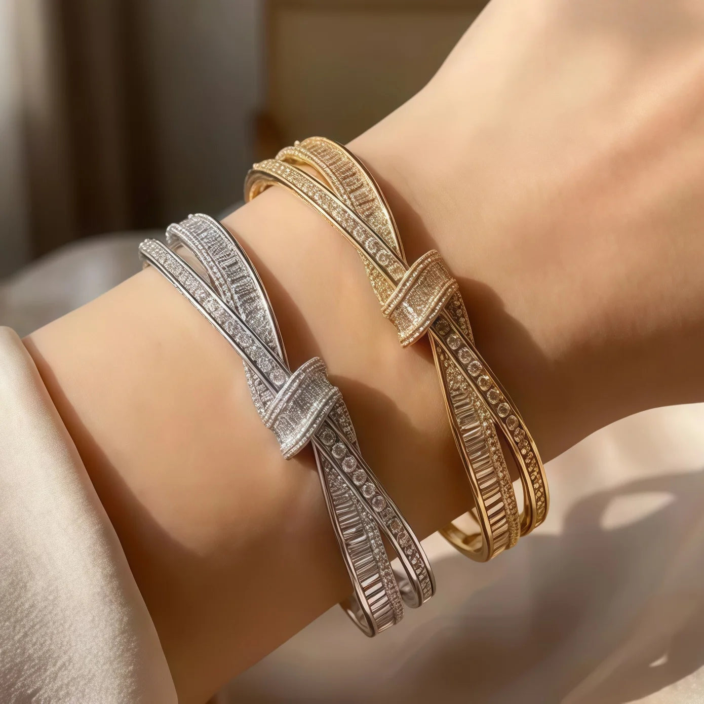 Gorgeous Twisted Knot Open Cuff Bangle Bracelet Sparkling Zircon Inlaid Bangle Party Gift Jewelry for Women