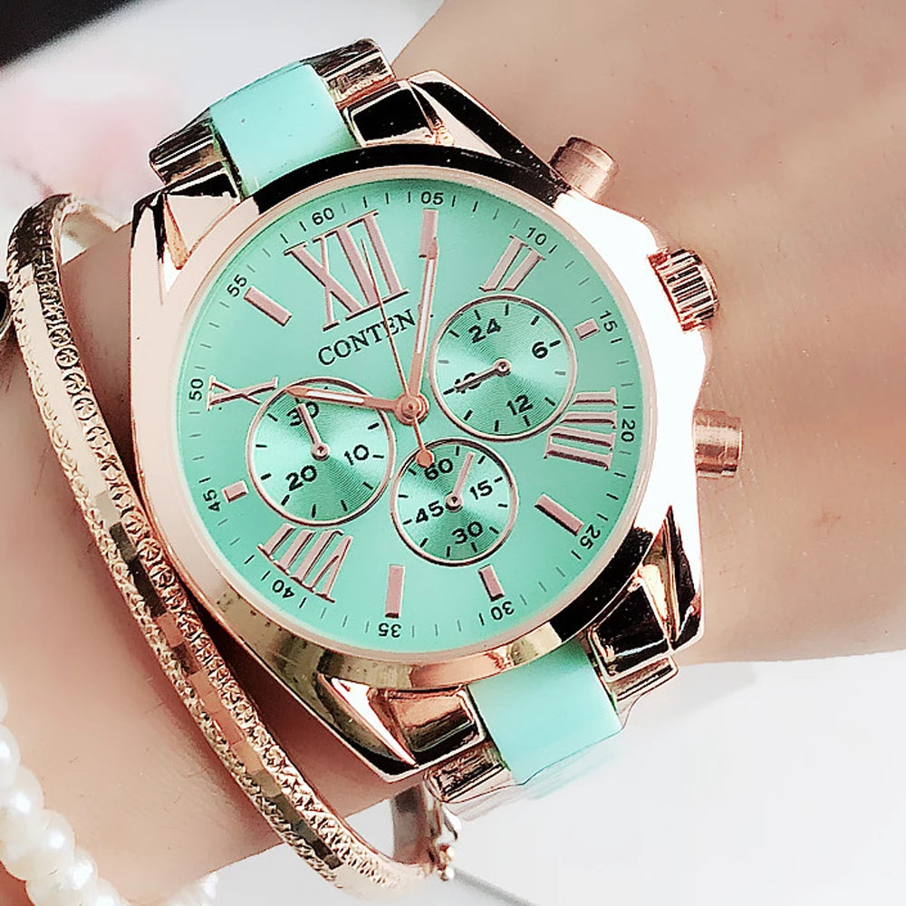 Contena Rose Gold Chronograph-Style Watch – Two-Tone Ceramic Bracelet, Roman Numeral Dial