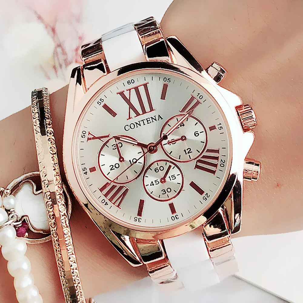Contena Rose Gold Chronograph-Style Watch – Two-Tone Ceramic Bracelet, Roman Numeral Dial