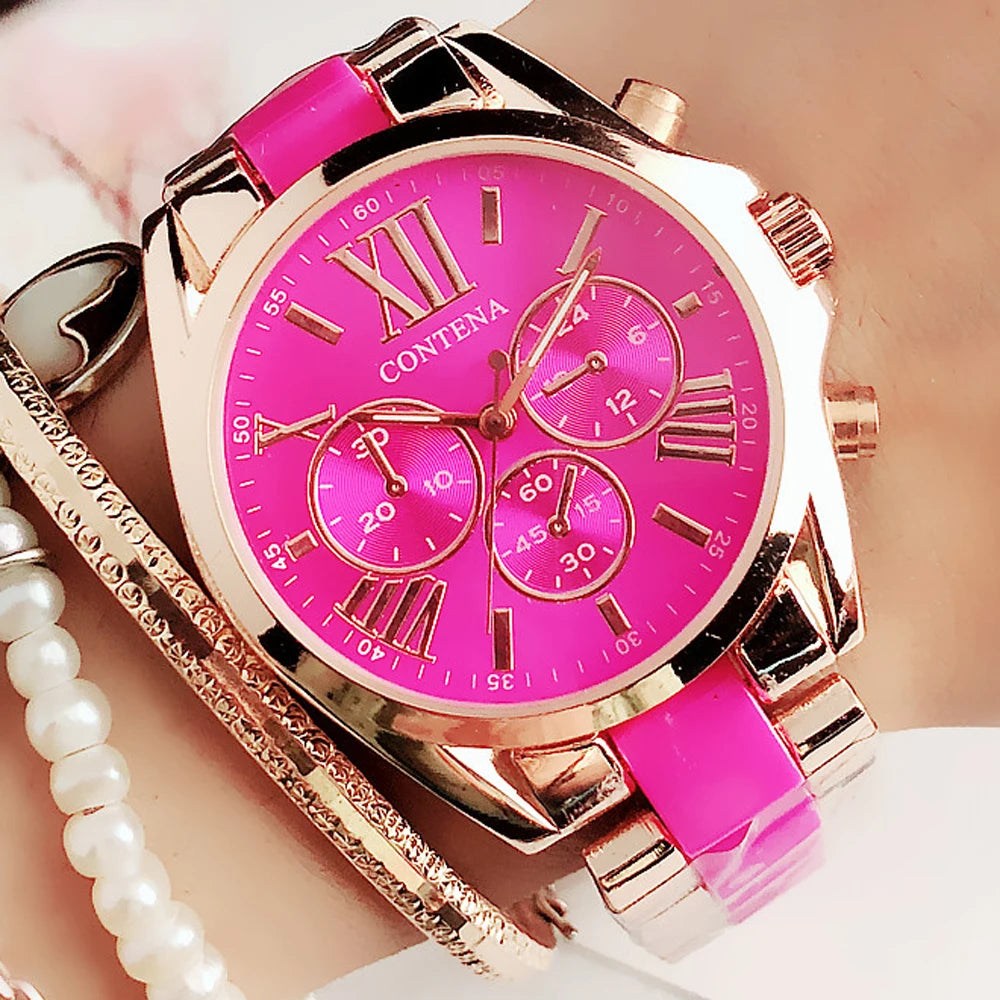 Contena Rose Gold Chronograph-Style Watch – Two-Tone Ceramic Bracelet, Roman Numeral Dial