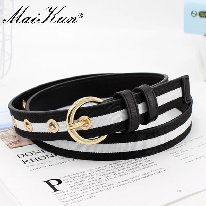 Women's Striped Canvas & PU Leather Thin Belt | Pin Buckle Waistband for Pants & Skirts