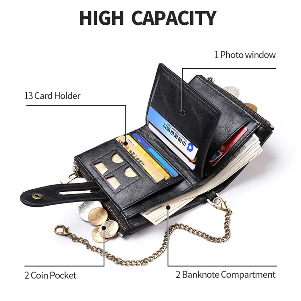 Men's Vintage PU Leather Chain Wallet | Short Card Holder & Coin Purse