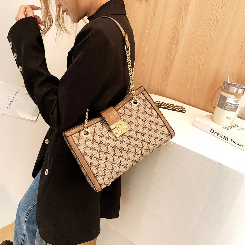 Large Capacity Printed Tote Bag | Retro Chain Shoulder Bag