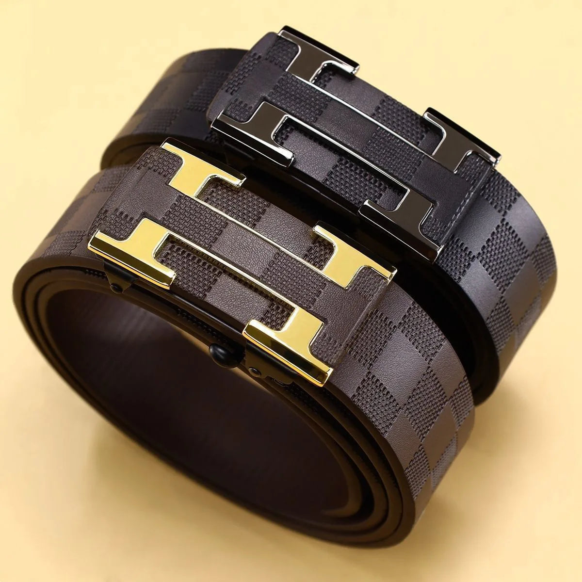 Men's waist belt with grid pattern, H-block, toothless automatic buckle, business fashion trend, versatile pants and waist belt