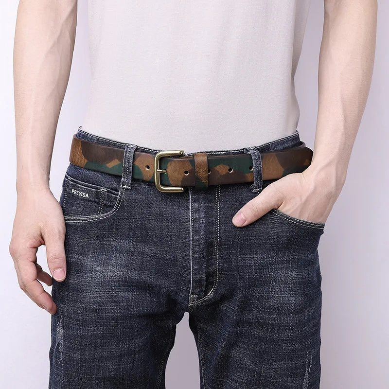 Hand-Dyed Camouflage Genuine Leather Belt – First-Layer Cowhide, Antique Brass Pin Buckle