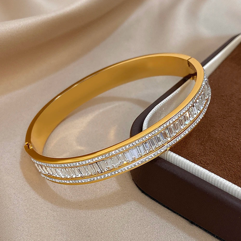 Triple-Row Baguette Zircon Gold Bangle – Wide Cuff Stainless Steel Bracelet