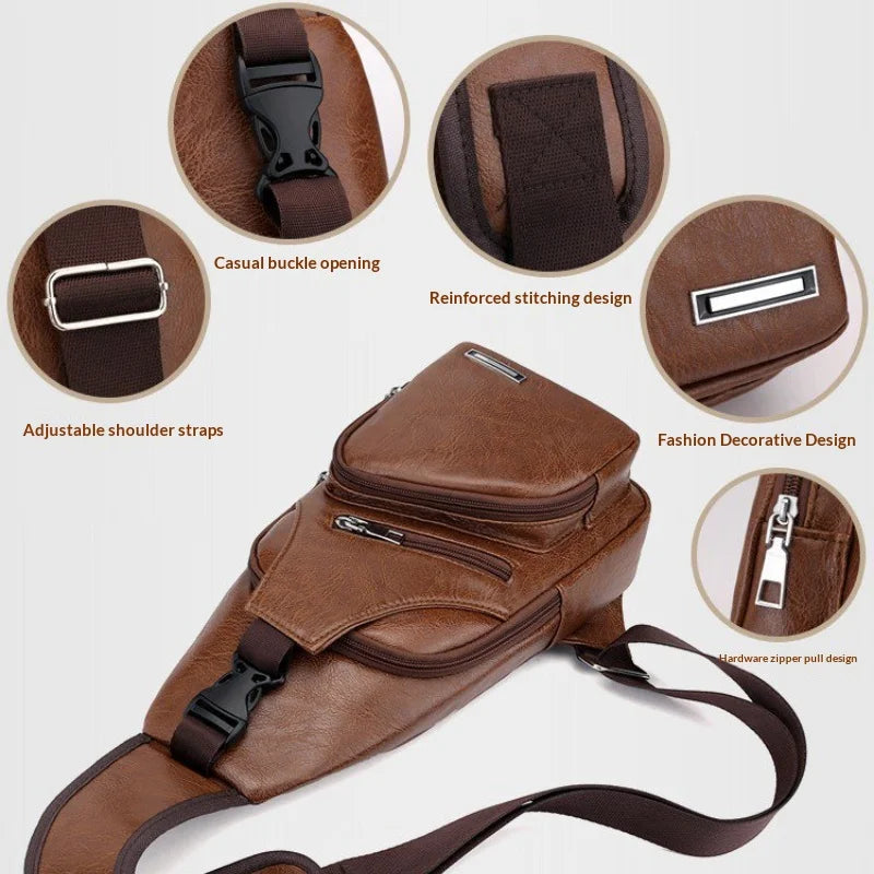 Simple and Fashionable Casual Solid Color PU Multifunctional USB Charging Zipper MEN'S Chest Bag Crossbody Bag for CommutingHot