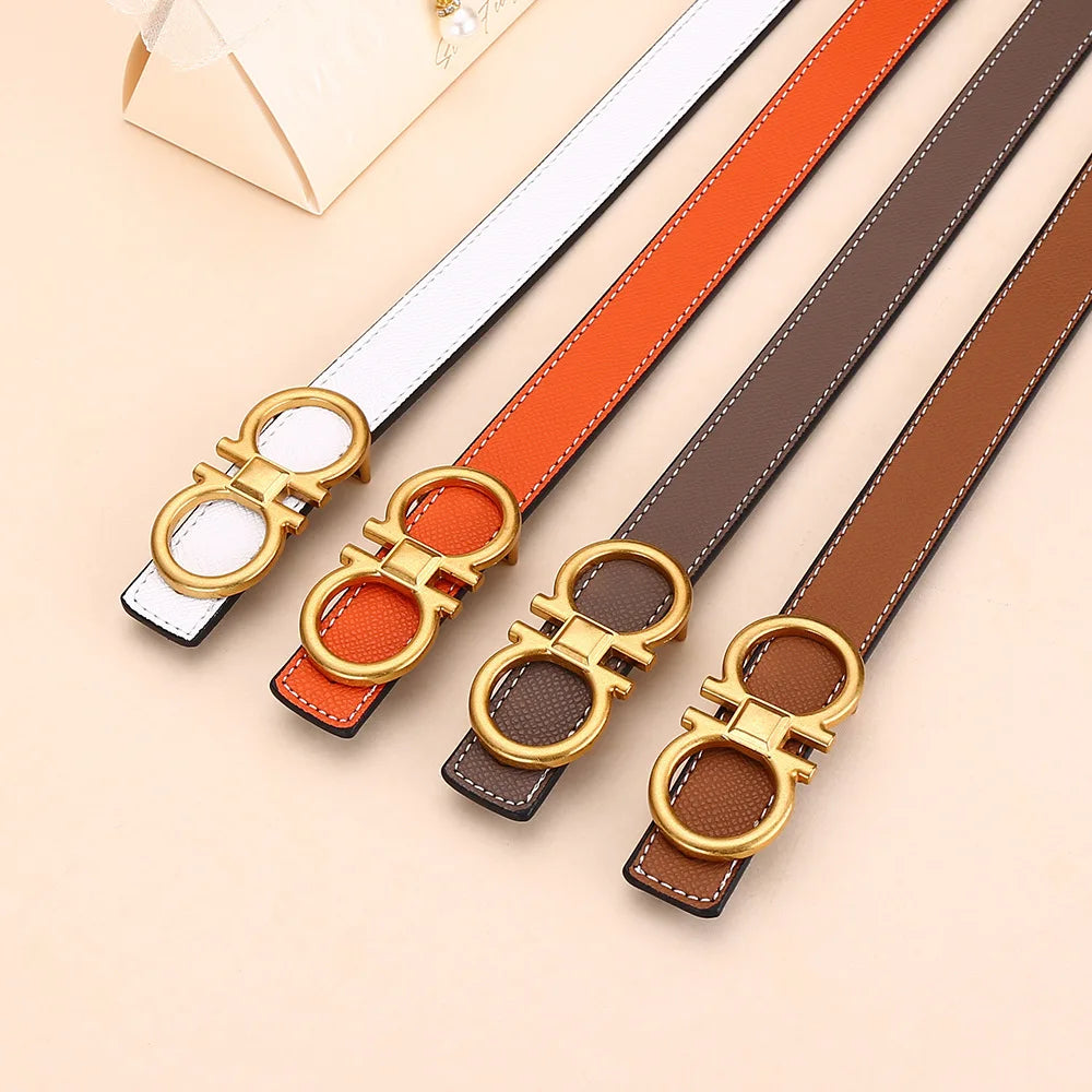 Women's double-sided leather belt; versatile ornamental cowhide waist belt; high-end smooth buckle business fashion belt