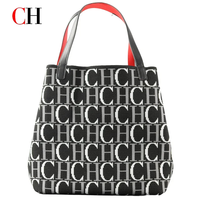CH Letter Print Tote Bag Women Large Capacity Canvas Top Handle Handbag Casual Daily Shopper Shoulder Bag
