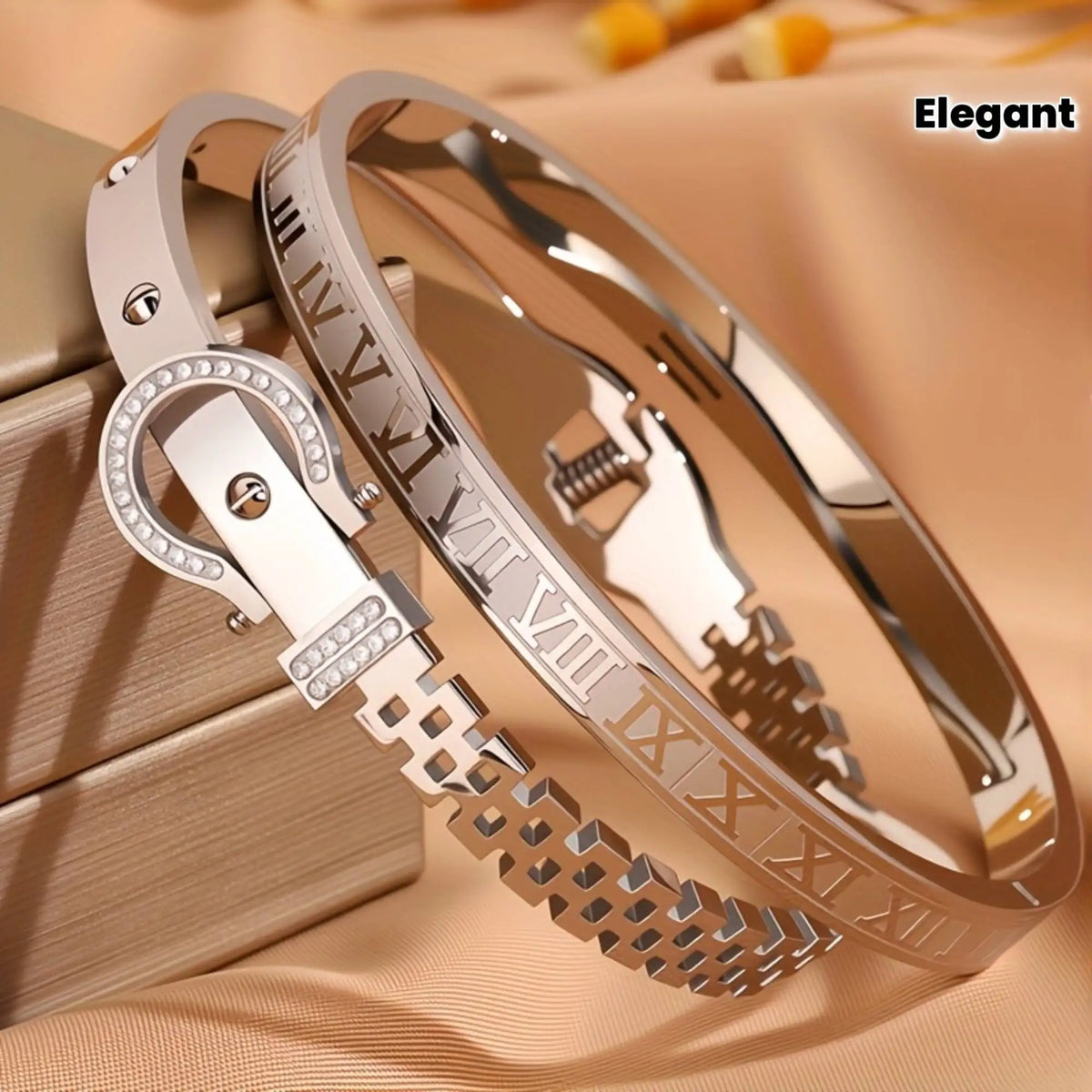 2-Piece Vintage Stainless Steel Bracelet Set | Horseshoe Roman Pattern