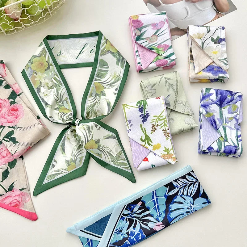 Fashion Printing Flower Long Ribbons Hair Scarf for Women INS Design Silk Headband Long Scarves Ribbon Hair Accessories