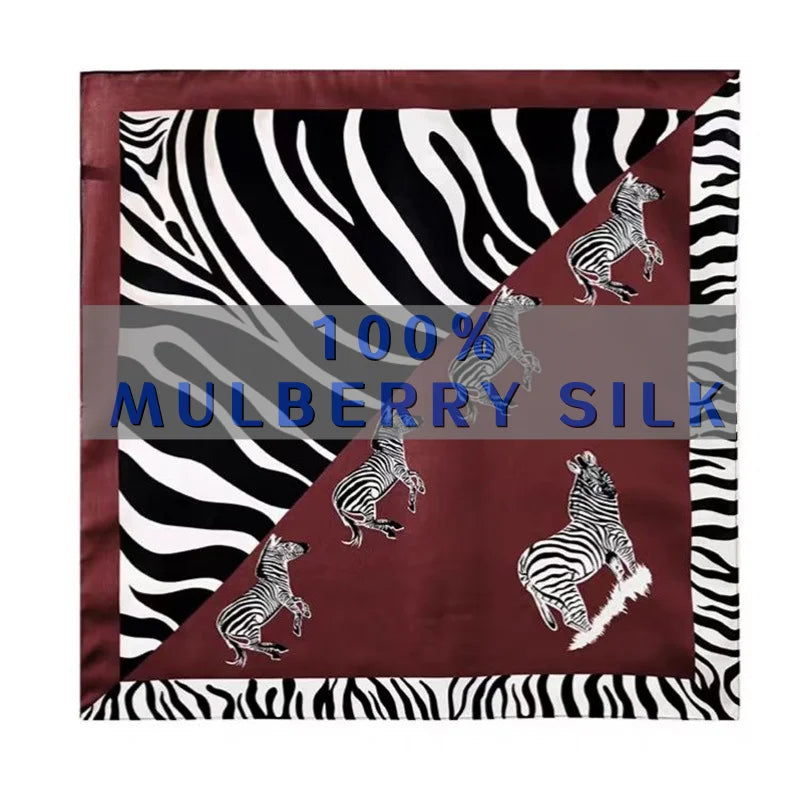 70x70cm Burgundy Zebra Print 100% MULBERRY SILK Square Scarf Women Neck Bandana Retro Animal Pattern Hair Bag Wrap Fashion Gift