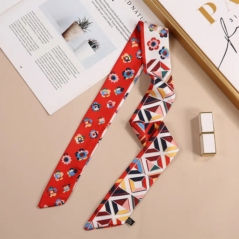 Geometric Diamond Floral Silk-Feel Scarf – Small Bag Handle Ribbon & Decorative Accessory for Women