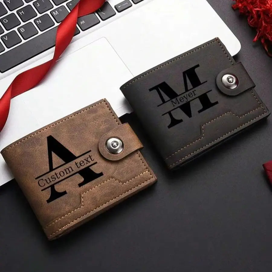 Customized Letter Name Wallet for Men Engraved Leather Purse Bifold Classic Male Card Holder Personalized Gifts for Dad/Husband