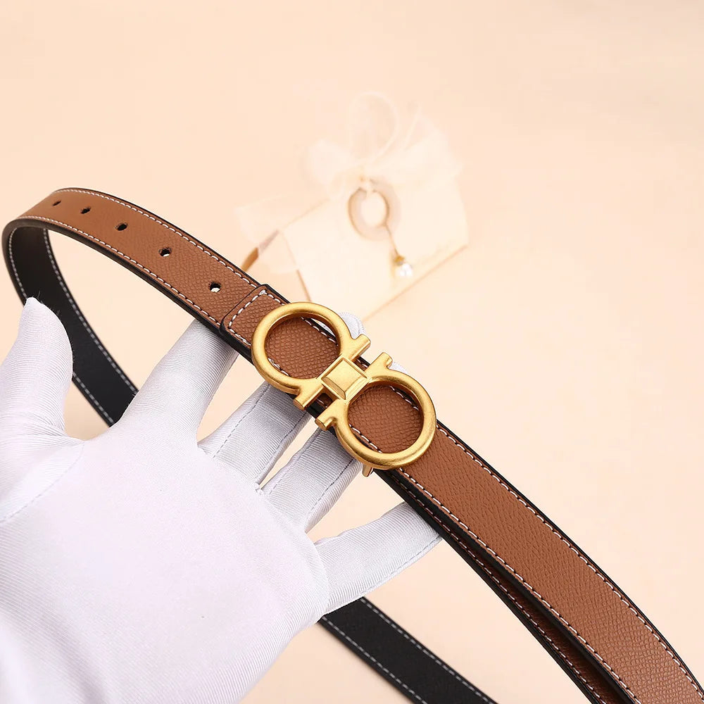 Women's double-sided leather belt; versatile ornamental cowhide waist belt; high-end smooth buckle business fashion belt