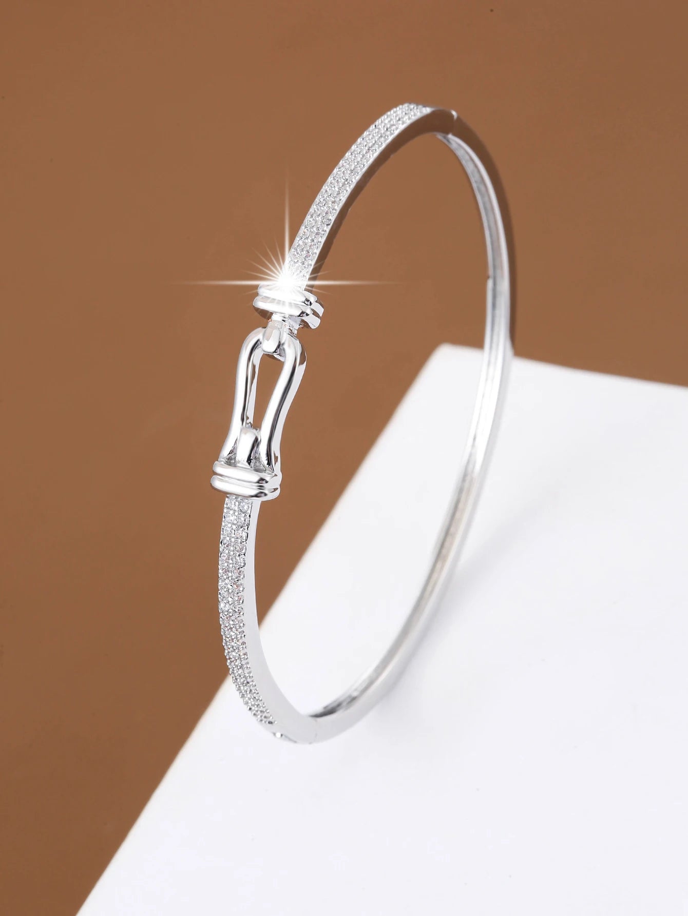 Geometric Cubic Zirconia Bangle Bracelet – Classic Channel-Set Cuff for Women