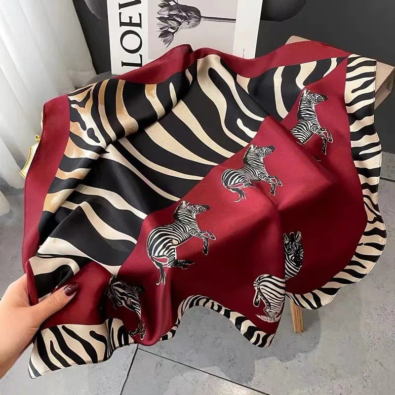 70x70cm Burgundy Zebra Print 100% MULBERRY SILK Square Scarf Women Neck Bandana Retro Animal Pattern Hair Bag Wrap Fashion Gift