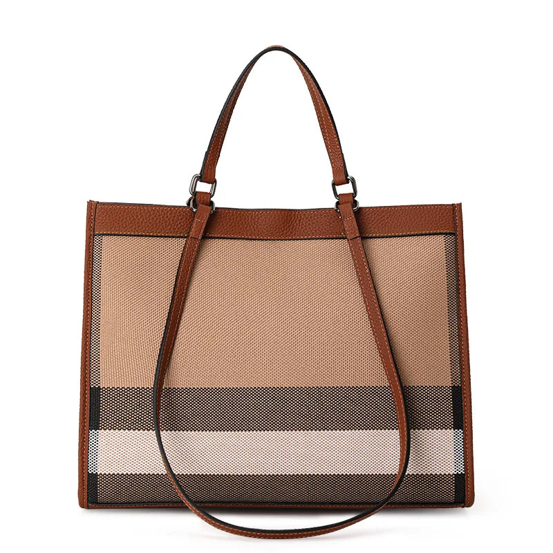Genuine Leather & Canvas Plaid Tote Bag – Large Capacity Shoulder Commuter Handbag for Women