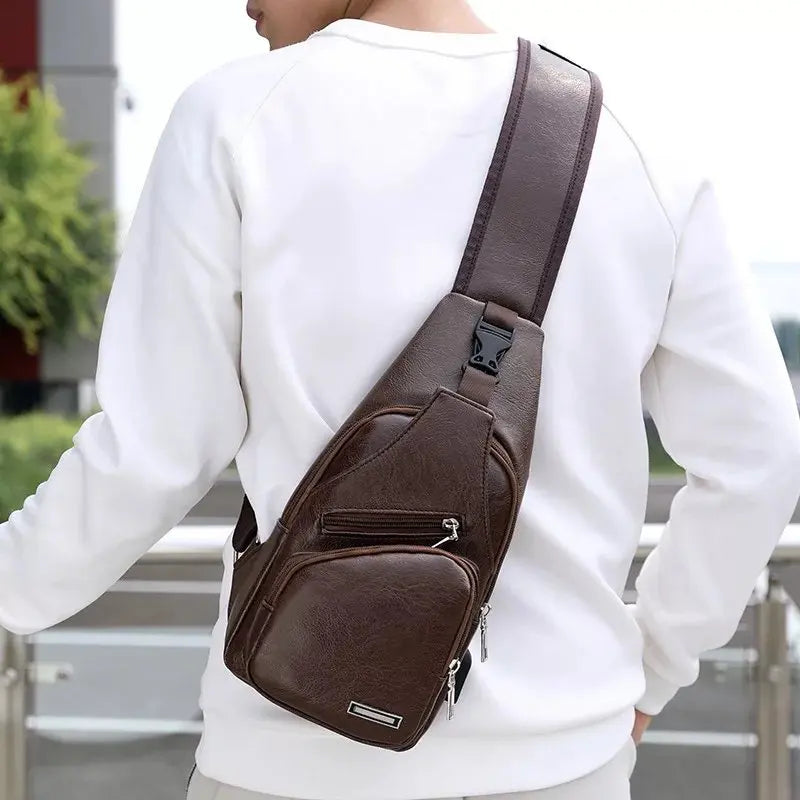 Simple and Fashionable Casual Solid Color PU Multifunctional USB Charging Zipper MEN'S Chest Bag Crossbody Bag for CommutingHot