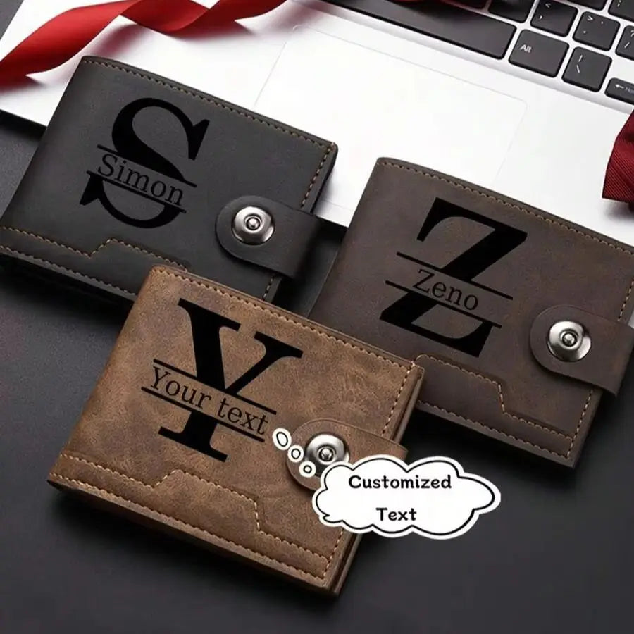 Customized Letter Name Wallet for Men Engraved Leather Purse Bifold Classic Male Card Holder Personalized Gifts for Dad/Husband