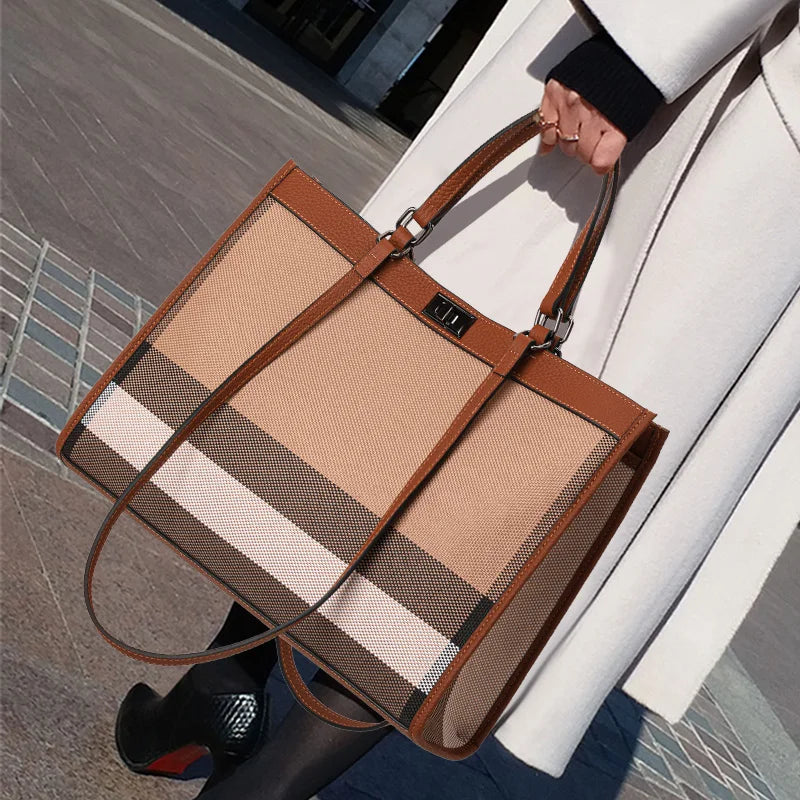 Genuine Leather & Canvas Plaid Tote Bag – Large Capacity Shoulder Commuter Handbag for Women