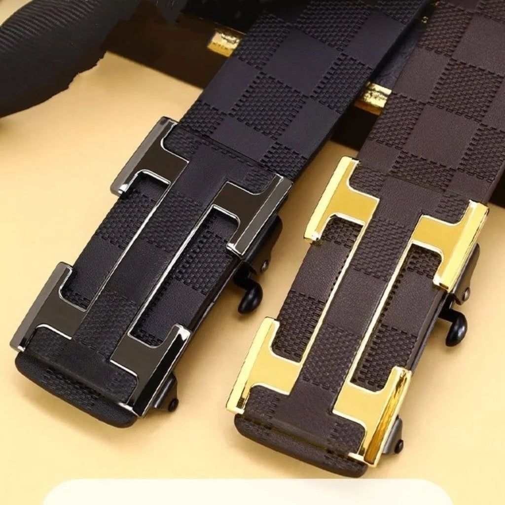 Men's waist belt with grid pattern, H-block, toothless automatic buckle, business fashion trend, versatile pants and waist belt