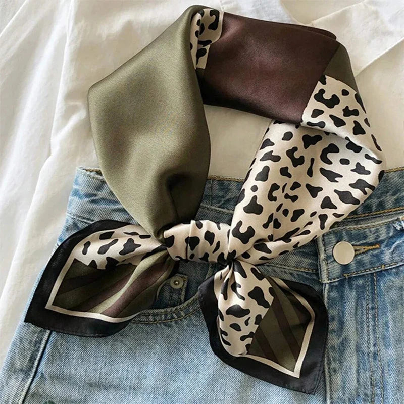 70*70cm Leopard Green Brown Silk Scarf Women Simulated Silk Fresh and Elegant Versatile Headwear Clothing Bags and Square Scarf