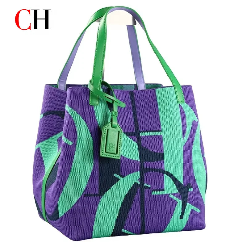 CH Tote Bag Women Letter Knit Handbag Large Capacity Top Shoulder Bag Fashion Daily Shopping Commuter Ladies Crossbody Purse