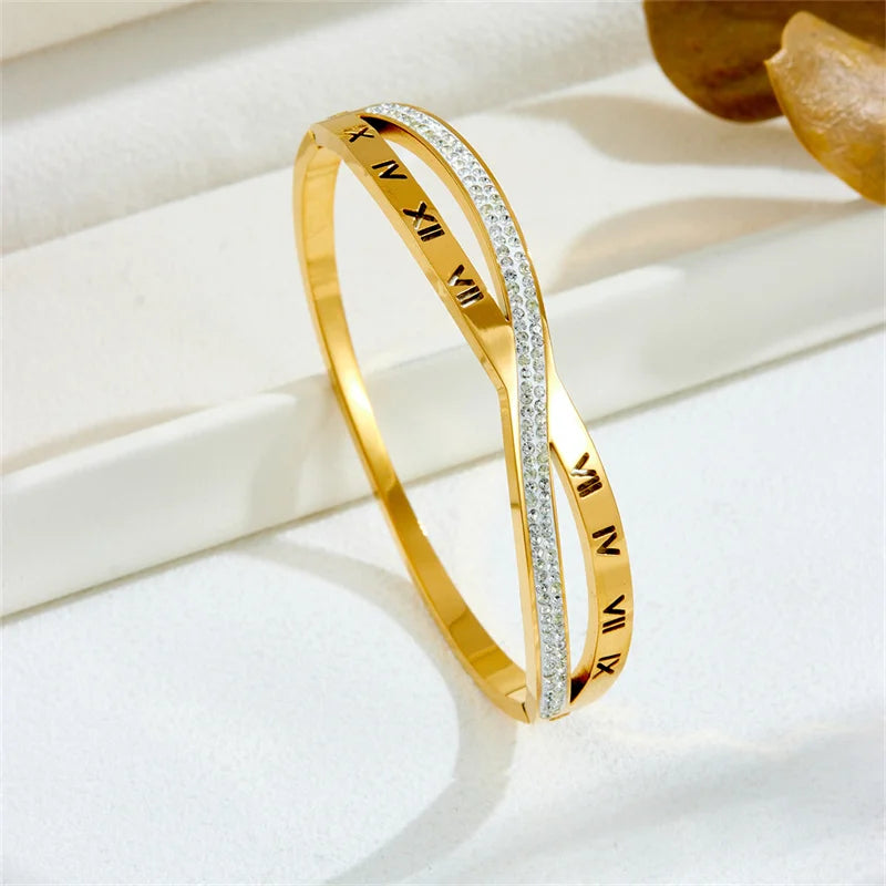 Stainless Steel Double Row Crystal Roman Numeral Bangle, Gold Plated Crisscross Bracelet for Women, Fashion Jewelry Gift