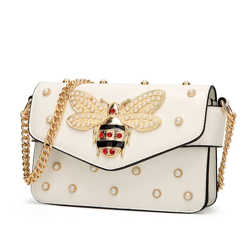 Pearl Bee Chain Shoulder Bag – Luxury PU Leather Crossbody Handbag for Women