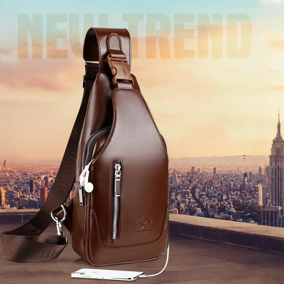 Men's Business Casual Chest Bag – USB Port, Multi-Pocket PU Leather Crossbody