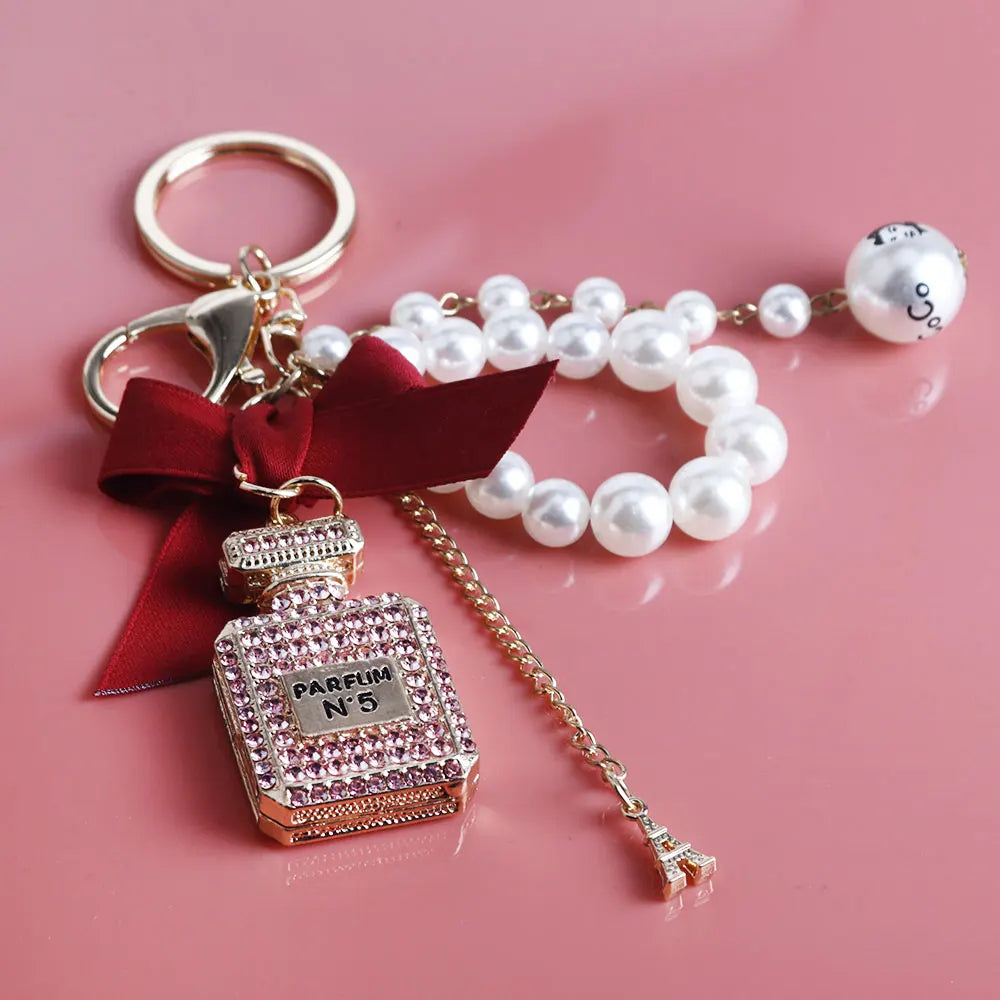 Imitation Pearl Perfume Bottle Keychain – Cute Bow Bag Charm & Car Key Ring for Women