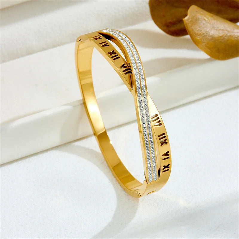 Stainless Steel Double Row Crystal Roman Numeral Bangle, Gold Plated Crisscross Bracelet for Women, Fashion Jewelry Gift