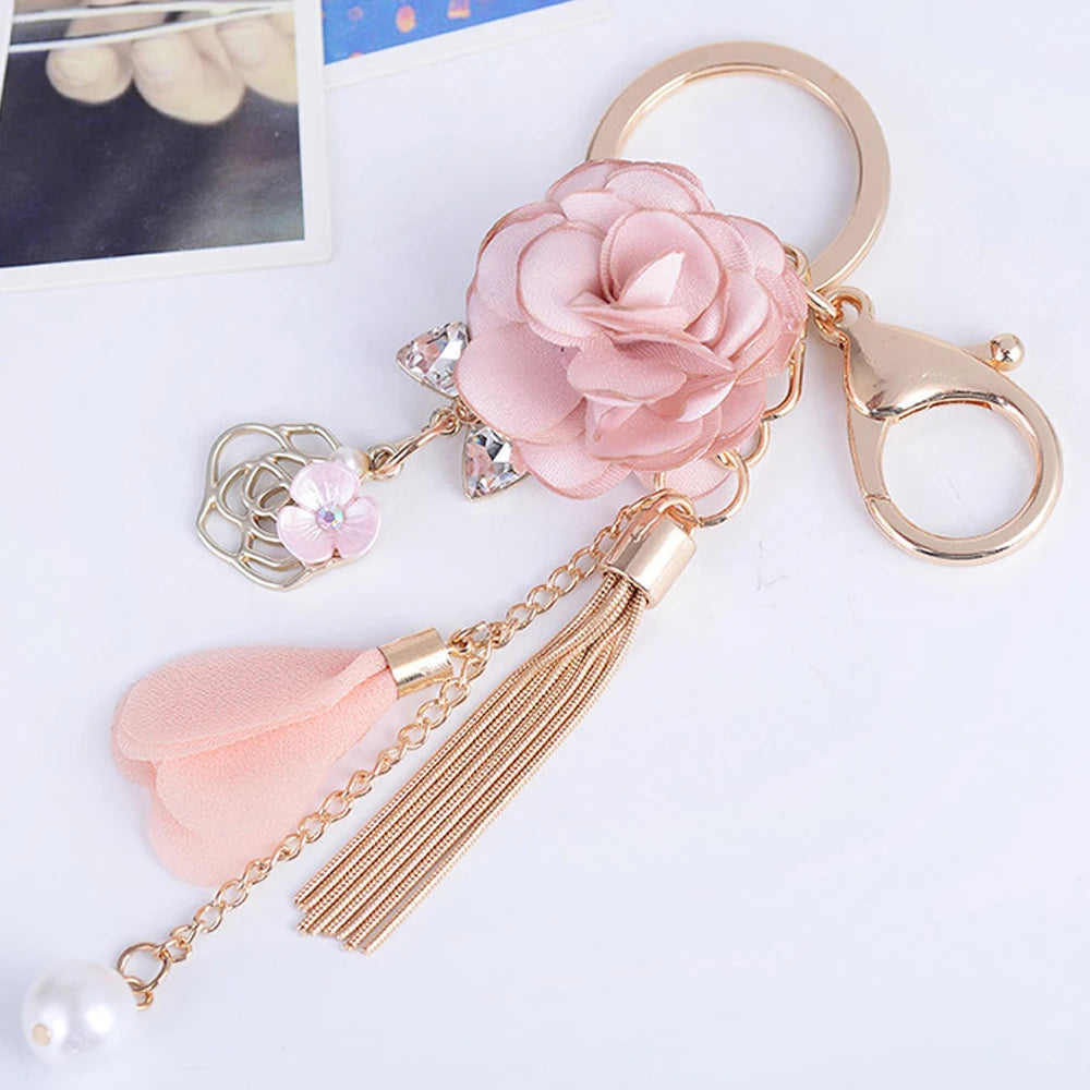 Y2K Fashion Cloth Flower Pearl Pendant Keychain For Girls Women's Bag Backpack Ornament Sweet Cool Tassel Floral Jewelry Gifts